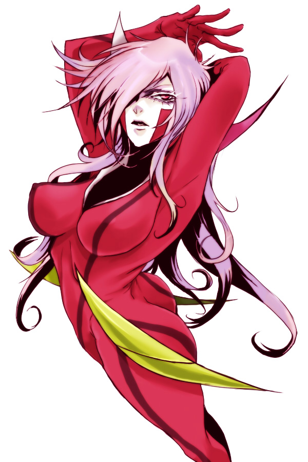 bodysuit, casshern_sins, erect_nipples, leda_(casshern_sins), long_hair, multicolored_hair, pink_eyes, skin_tight