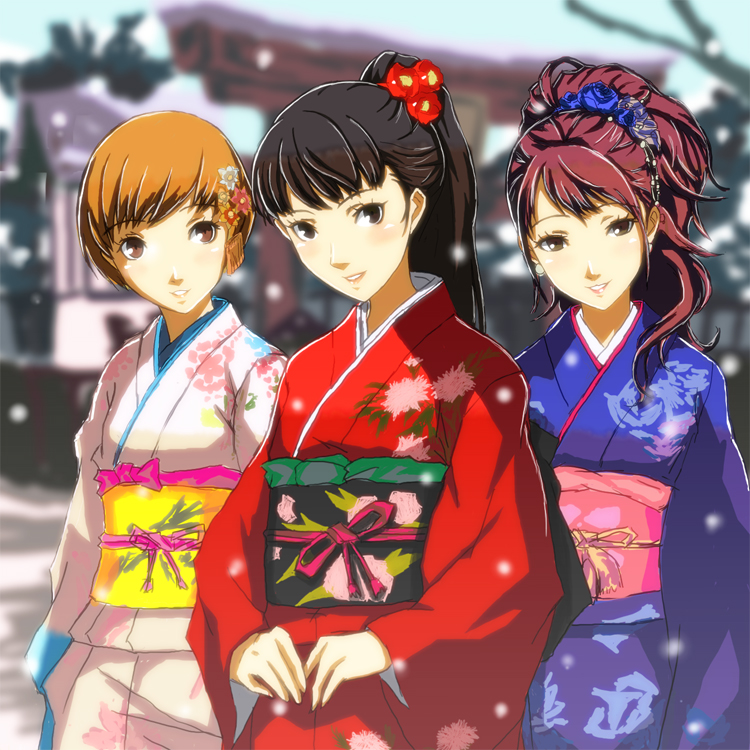 3girls, amagi_yukiko, black_hair, blue_flower, brown_eyes, brown_hair, day, flower
