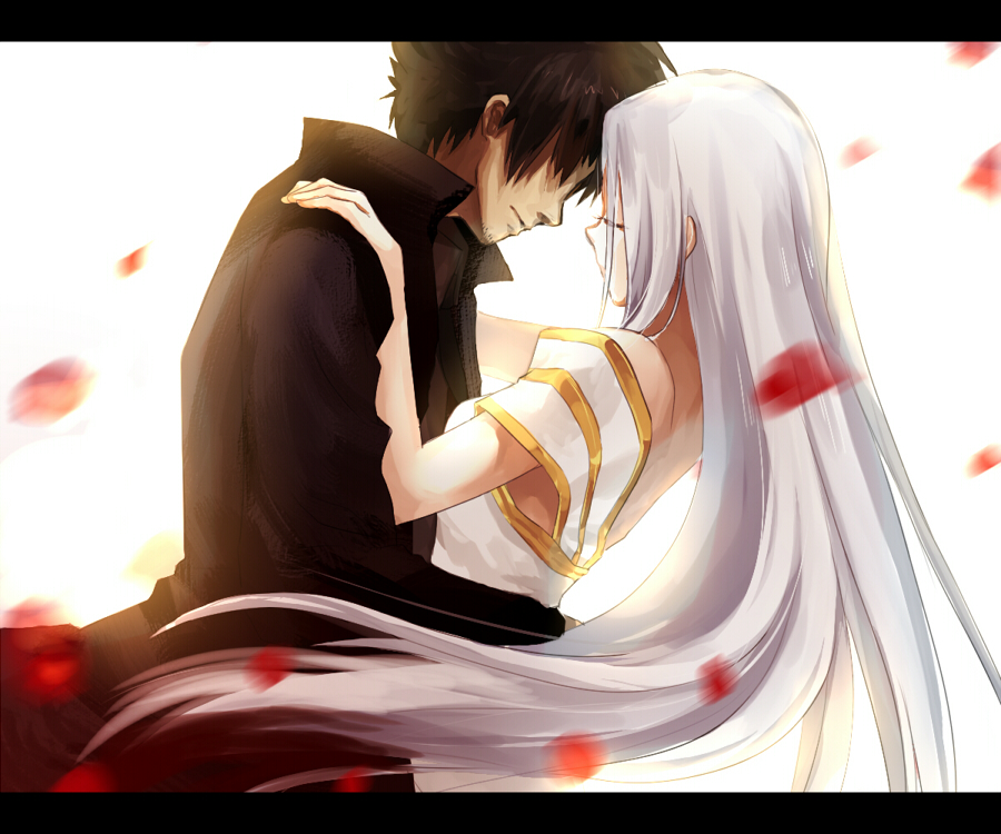 1boy, 1girl, black_cloak, black_hair, closed_eyes, couple, dress, emiya_kiritsugu
