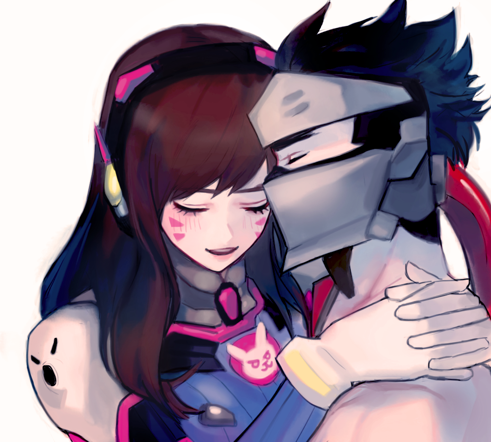 1boy, 1girl, alternate_costume, armor, bangs, black_hair, blackwatch_genji, blue_bodysuit