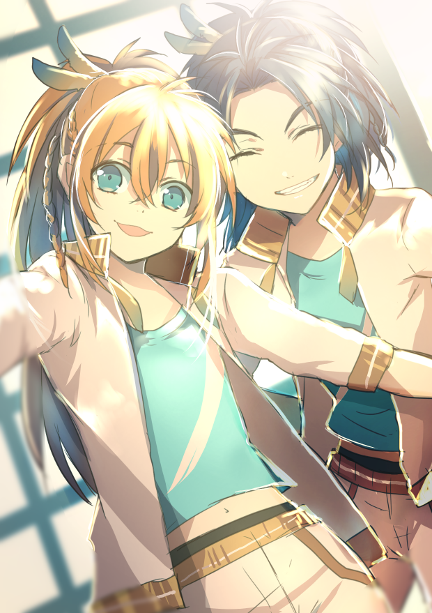 2boys, ^_^, blonde_hair, blue_eyes, blue_hair, braid, closed_eyes, cosplay, feathers, grin, hair_feathers, jacket, male_focus, midare_toushirou, multiple_boys, open_mouth, ponytail, smile, taikogane_sadamune, taikogane_sadamune_(cosplay), touken_ranbu, track_jacket, ui_(majiwi)