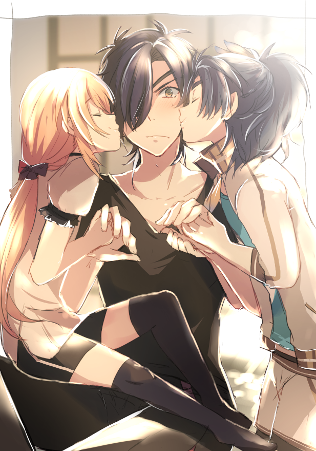 3boys, black_hair, black_legwear, blonde_hair, blue_hair, blush, boy_sandwich, cheek_kiss