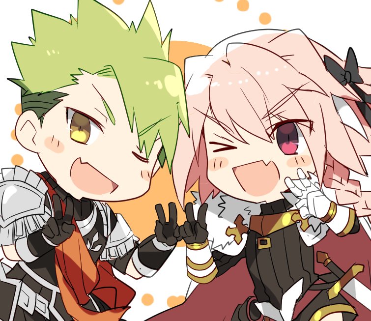 2boys, armor, braid, chibi, fate/apocrypha, fate_(series), green_hair, hair_ribbon