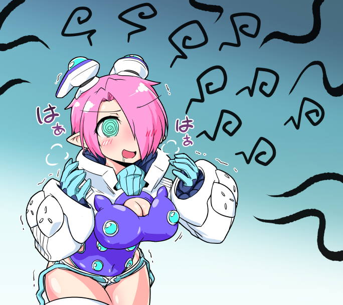 1girl, @_@, bangs, blue_eyes, blush, breasts, cleavage, cleavage_cutout, hair_ornament, hair_over_one_eye, large_breasts, looking_at_viewer, open_mouth, original, phantasy_star, pink_hair, pointy_ears, rei_(holyspirit), short_hair, smile, solo, thigh-highs, zefirumu