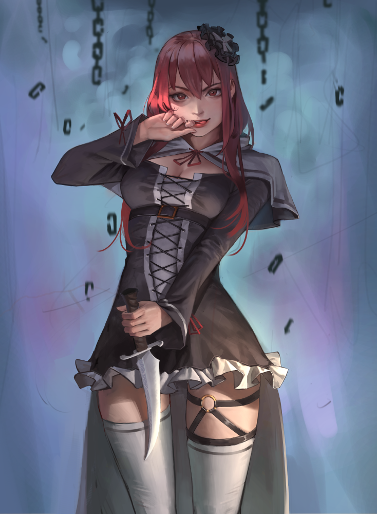1girl, :p, belt, black_dress, breasts, capelet, chains, cleavage