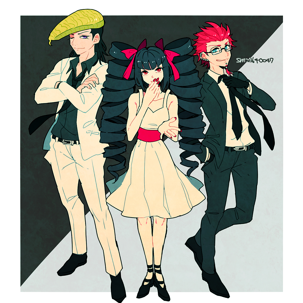 1girl, 2boys, adjusting_clothes, adjusting_necktie, alternate_costume, bespectacled, black_background, black_gloves