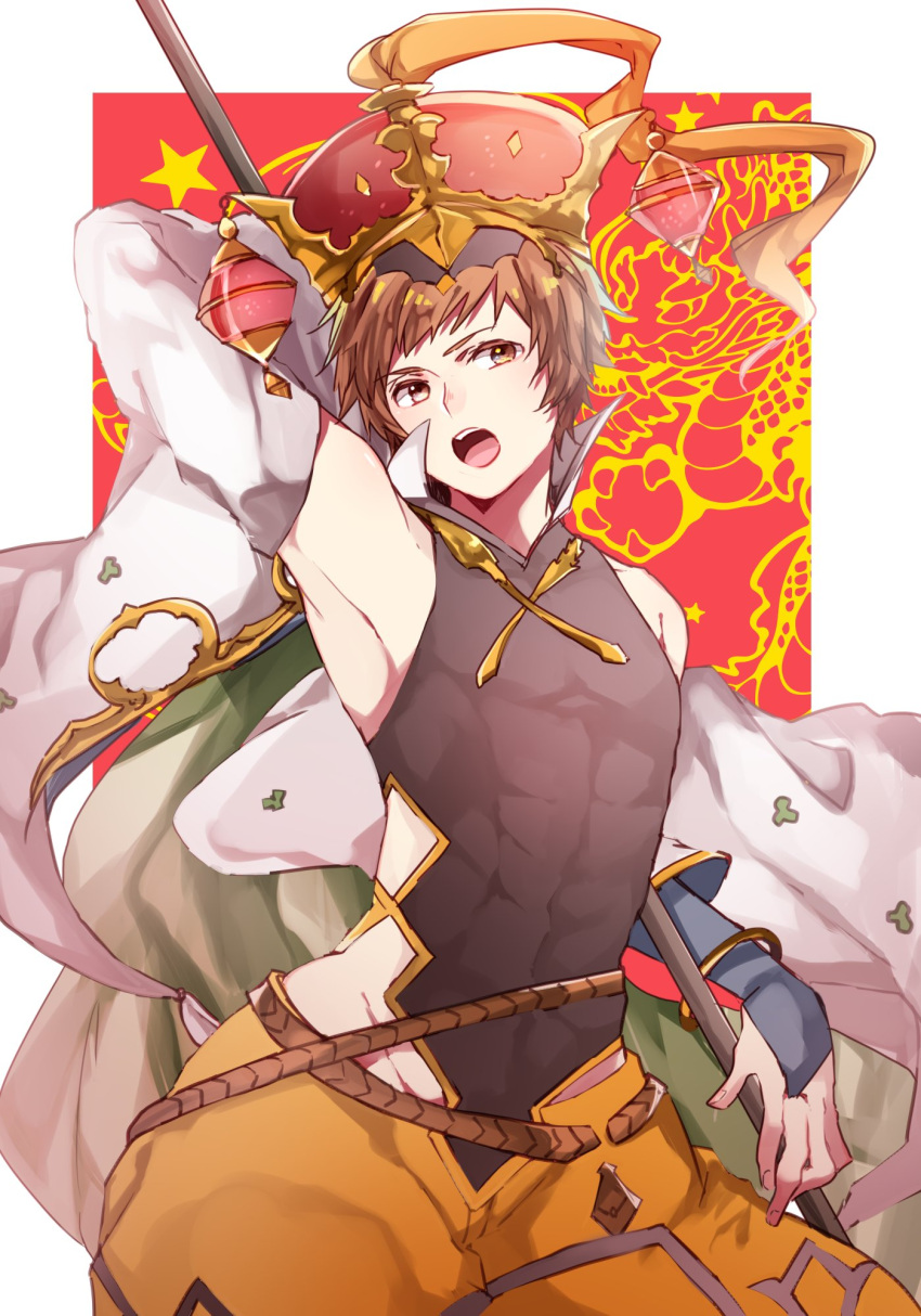 1boy, adonis_belt, apsaras_(granblue_fantasy), arm_up, brown_eyes, brown_hair, detached_sleeves, dragon