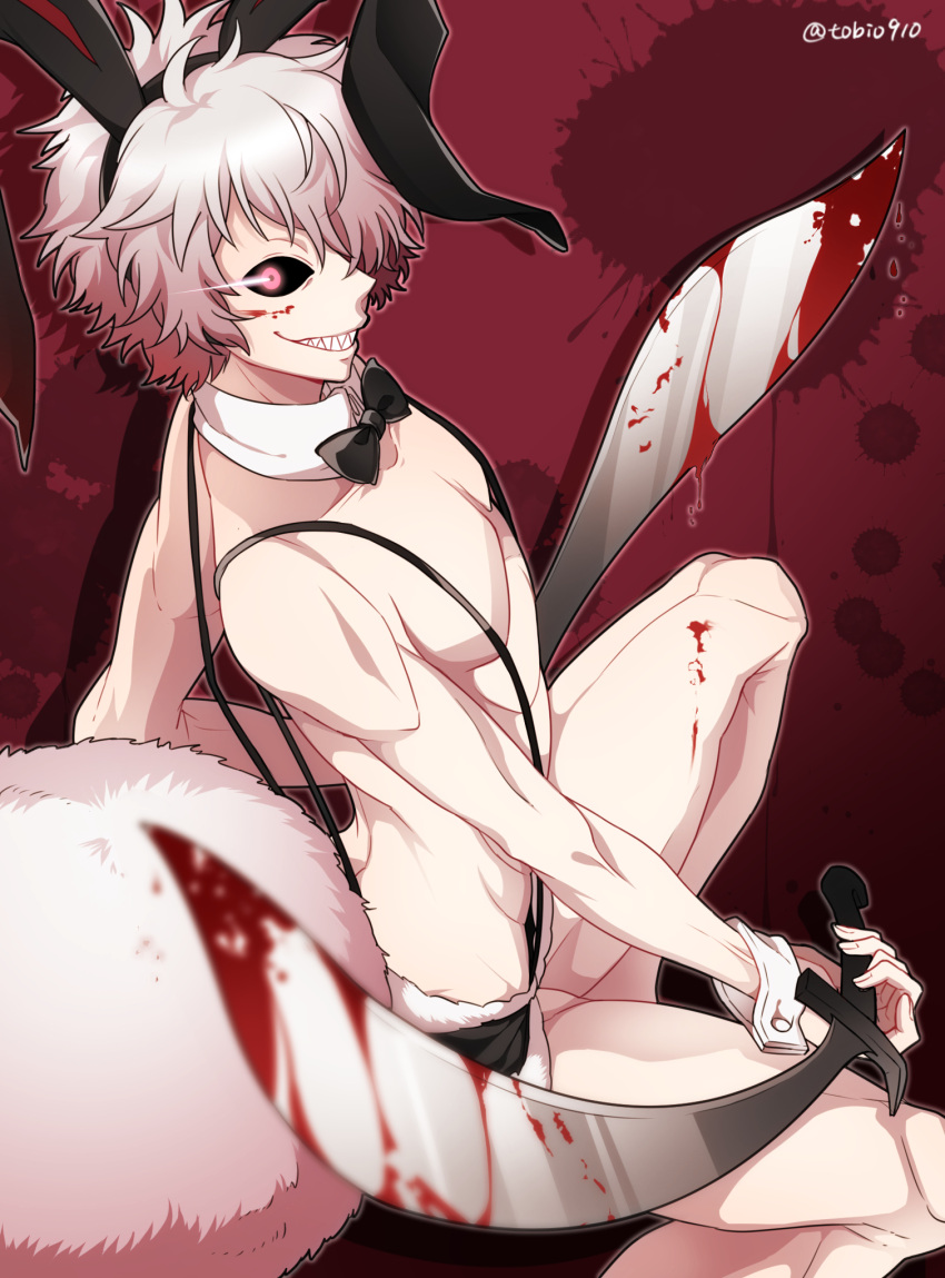 1boy, animal_ears, black_sclera, blood, blood_splatter, bloody_weapon, bunny_boy, bunny_tail