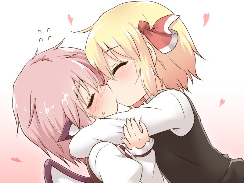 2girls, animal_ears, bird_wings, blonde_hair, blush, closed_eyes, commentary_request, gradient