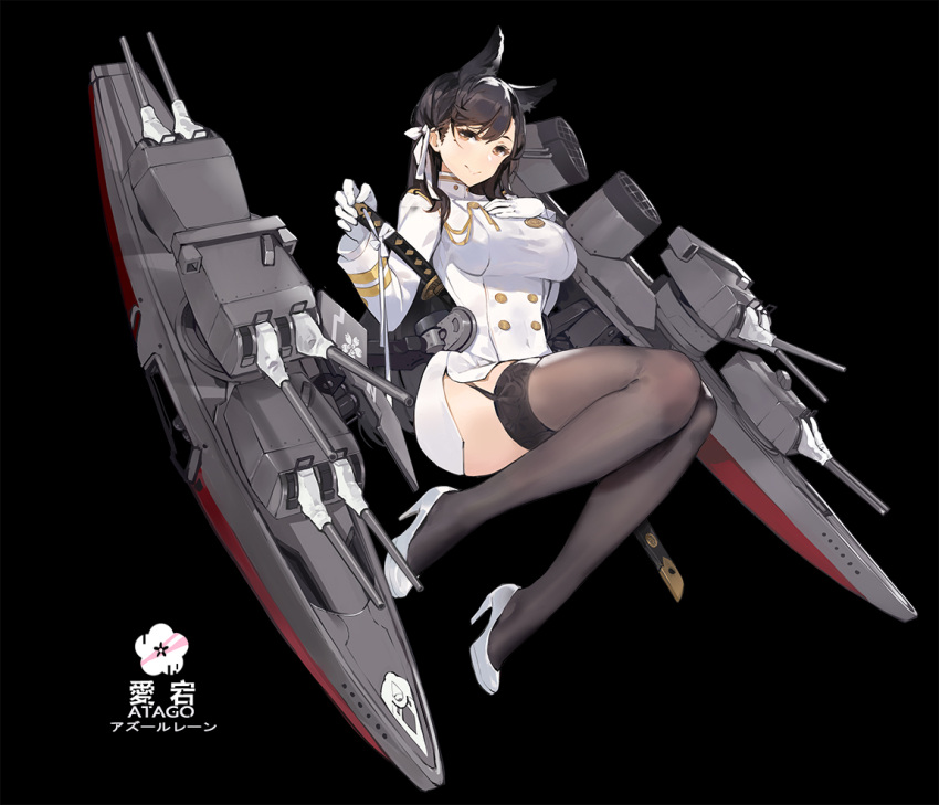 1girl, animal_ears, atago_(bilan_hangxian), bangs, bilan_hangxian, black_background, black_hair, black_legwear