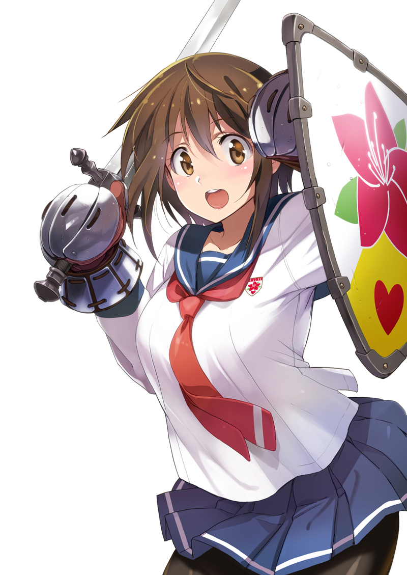 1girl, blue_skirt, blush, brown_eyes, brown_hair, gauntlets, holding, holding_sword