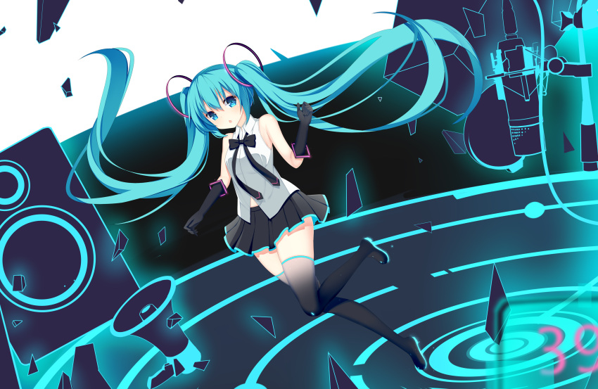 1girl, absurdres, black_bow, black_gloves, black_legwear, blue_eyes, blue_hair, blush