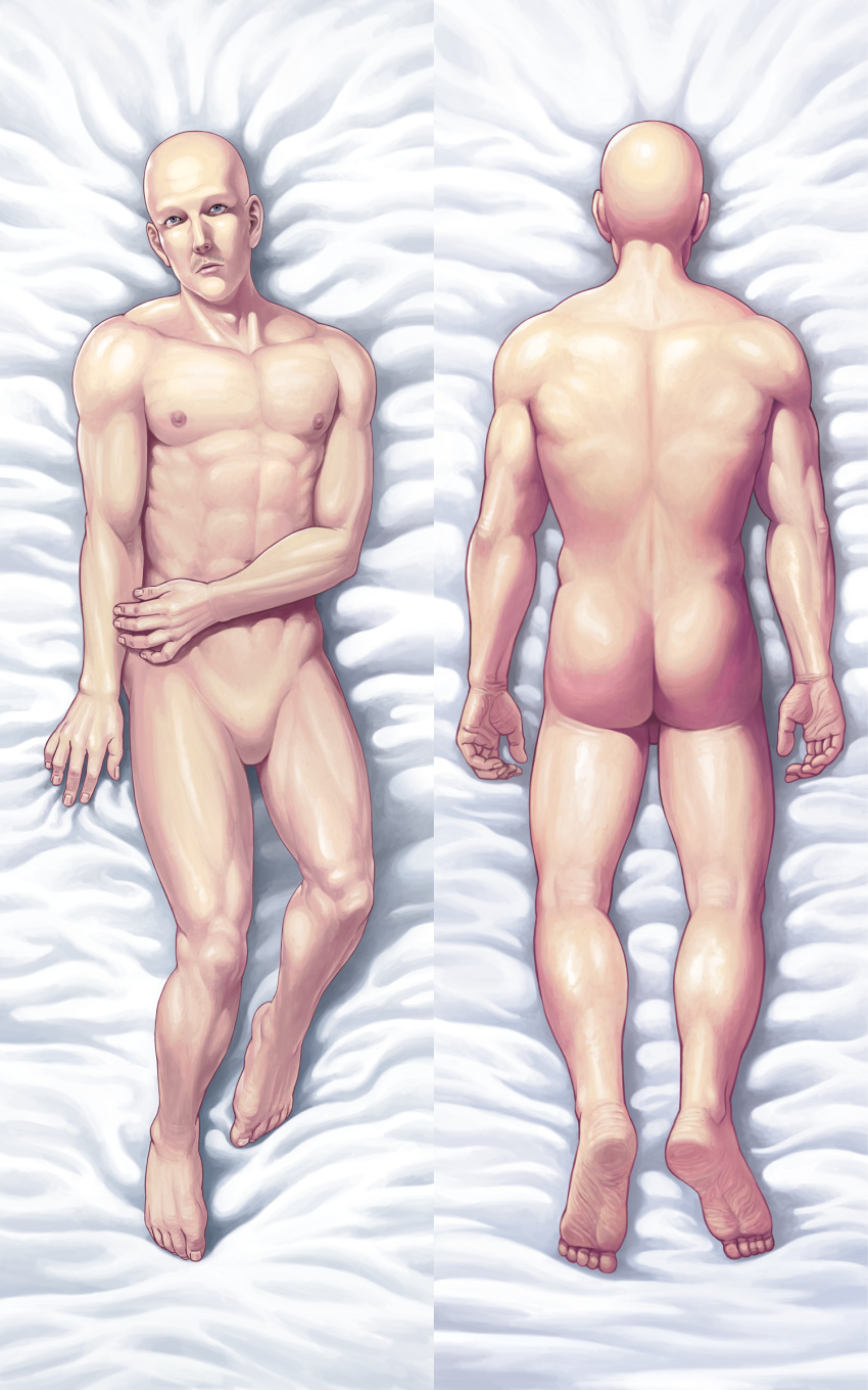 1boy, absurdres, ass, bald, commentary_request, dakimakura, facial_hair, grey_eyes