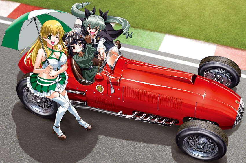 anchovy, anzio_(emblem), black_hair, blonde_hair, braid, breasts, brown_eyes, carpaccio