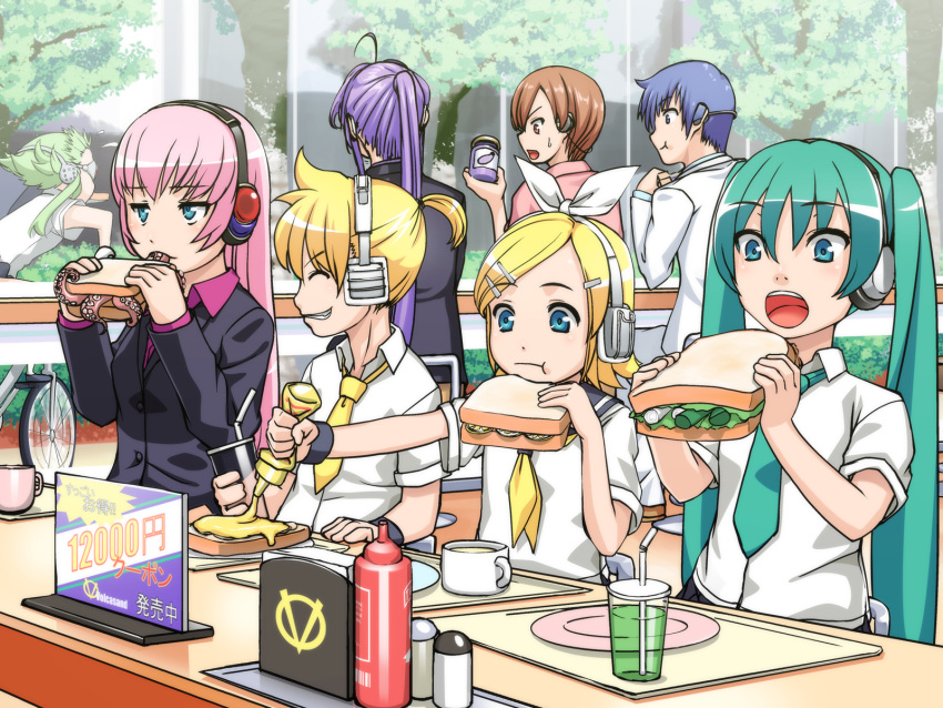 3boys, 5girls, eating, eggplant, food, formal, gahaku, gumi