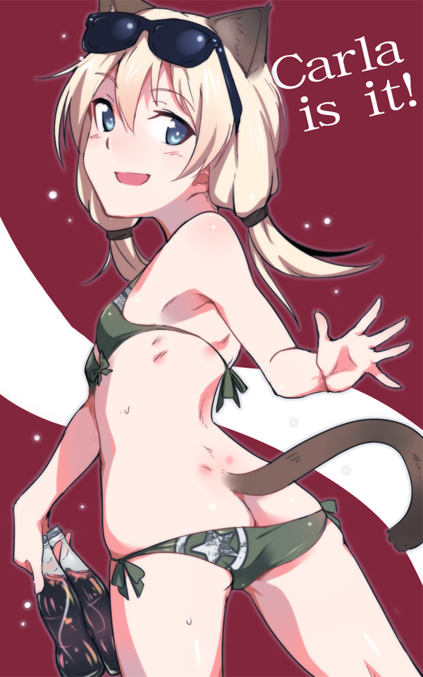 1girl, animal_ears, ass, back, bare_shoulders, bikini, blonde_hair, blue_eyes