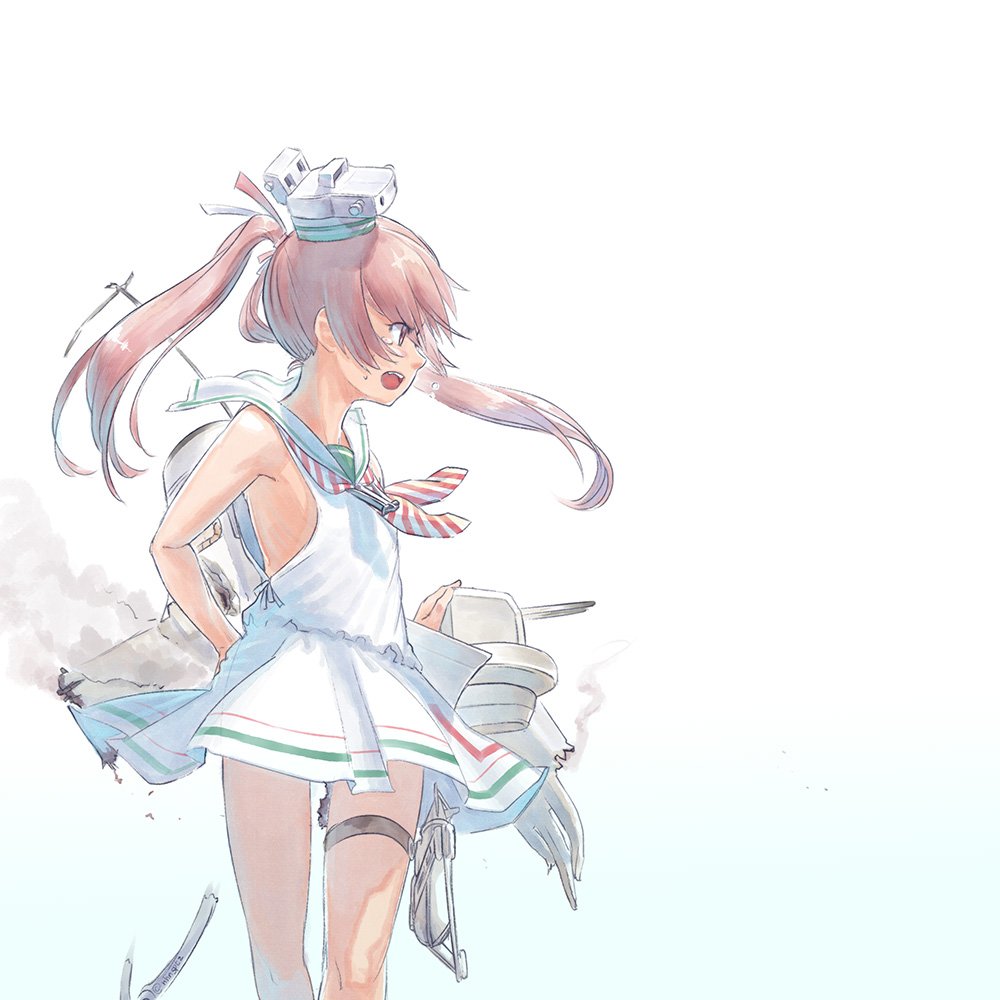 1girl, anchor, bare_shoulders, blush, brown_eyes, brown_hair, burnt_clothes, commentary