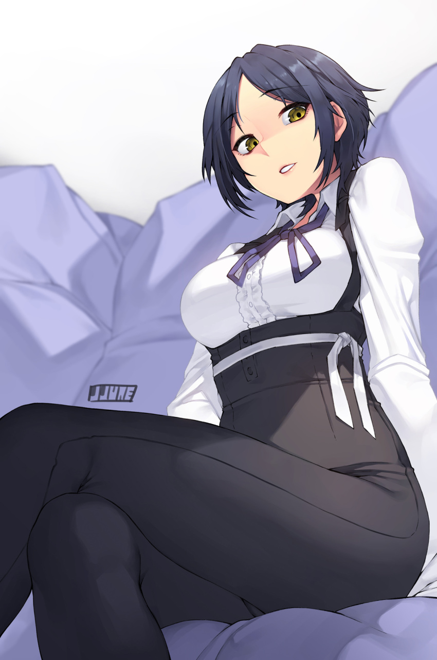 1girl, artist_name, bangs, black_hair, black_pants, breasts, buttons, center_frills