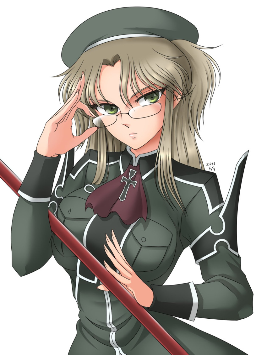 >:(, 1girl, adjusting_glasses, ascot, bangs, beret, breast_pocket, breasts