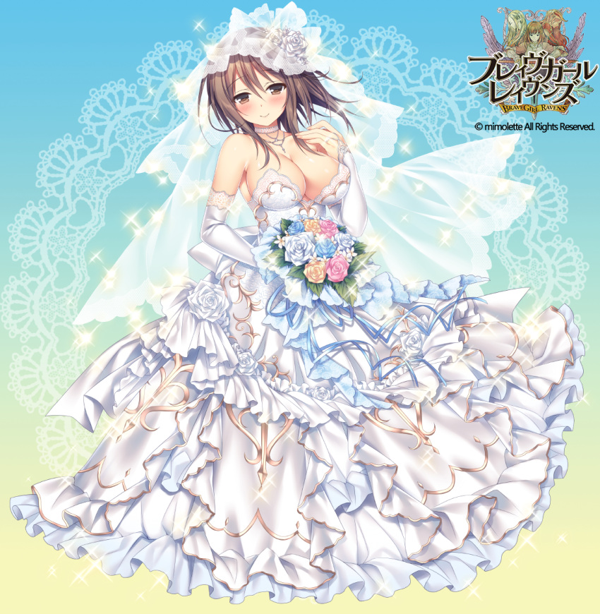 1girl, adelite_(brave_girl_ravens), bangs, bare_shoulders, blush, bouquet, brave_girl_ravens, breasts