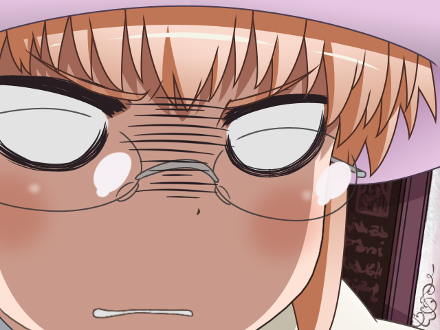 1girl, blonde_hair, clenched_teeth, close-up, empty_eyes, glasses, gunuaki, gununu