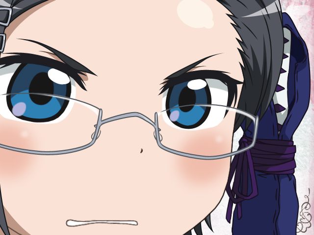 1girl, black_hair, blue_eyes, clenched_teeth, close-up, glasses, gunuaki, gununu