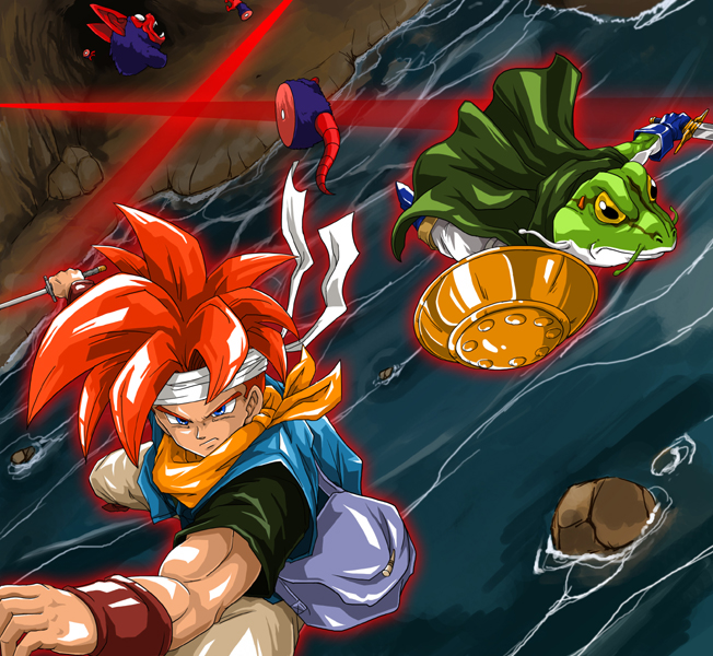 cape, chrono_trigger, crono, kaeru_(chrono_trigger), male, rat, red_hair, redhead