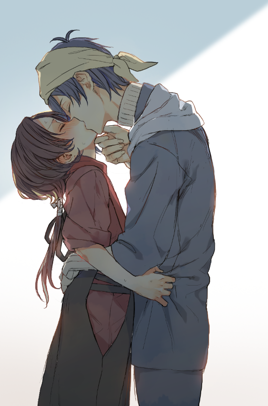 2boys, apron, bandanna, blue_hair, blush, brown_hair, closed_eyes, hand_on_another's_chin