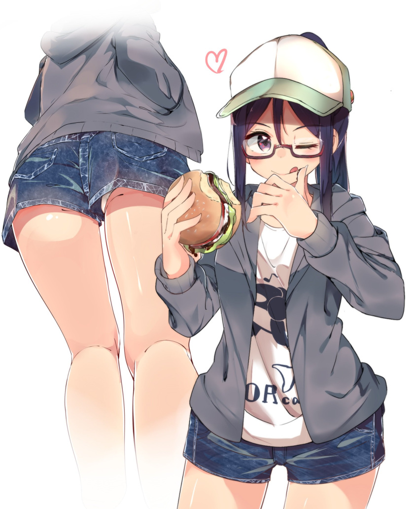 ass, baseball_cap, blue_hair, denim, denim_shorts, food, glasses, gluteal_fold