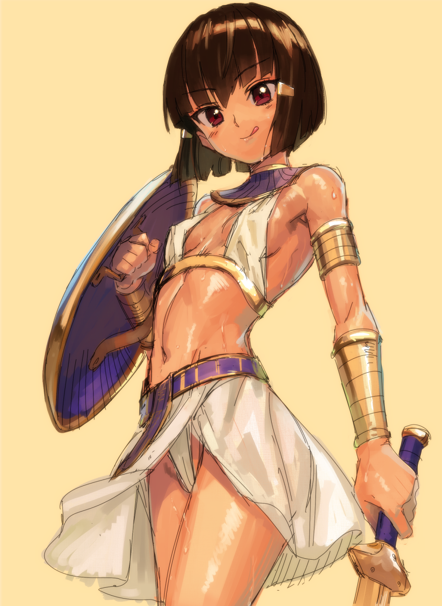 1girl, :q, assal_(sennen_sensou_aigis), bare_shoulders, black_hair, breasts, brown_eyes, covered_nipples, dark_skin, highres, holding, holding_shield, holding_sword, holding_weapon, kawakami_rokkaku, navel, sennen_sensou_aigis, shield, short_hair, simple_background, small_breasts, smile, solo, sword, tongue, tongue_out, weapon, yellow_background