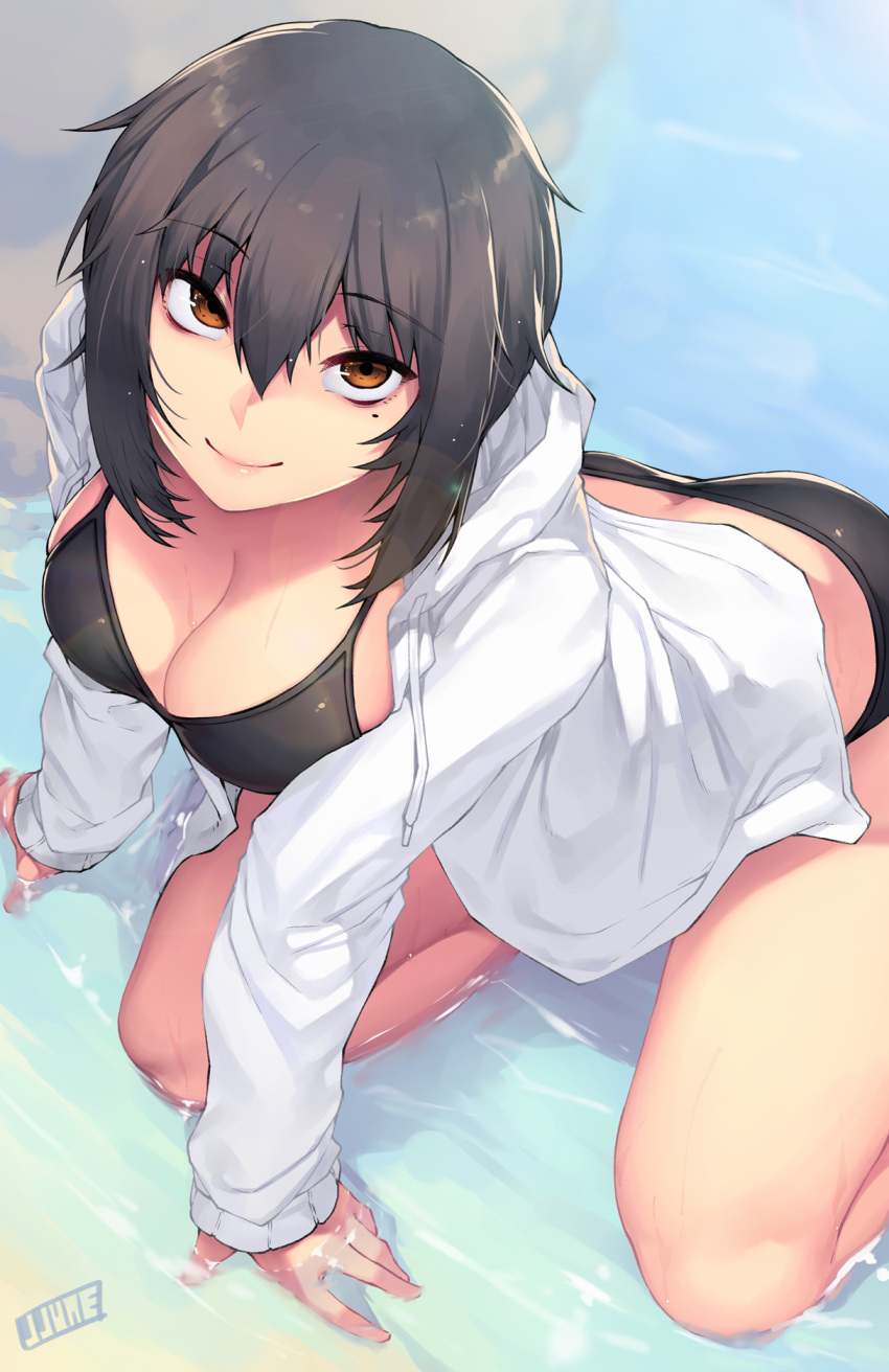 1girl, ass, black_hair, blush, breasts, butt_crack, character_request, cleavage