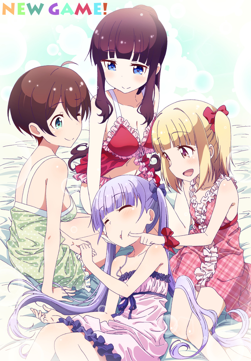 4girls, ;), absurdres, ahoge, babydoll, bed_sheet, black_hair, blonde_hair