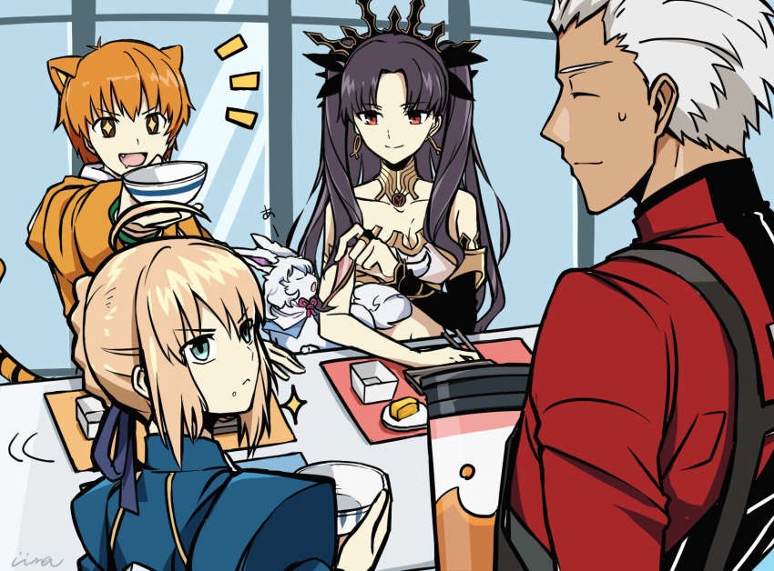 +_+, 1boy, 3girls, animal_ears, apron, archer, artist_name, artoria_pendragon_(all)