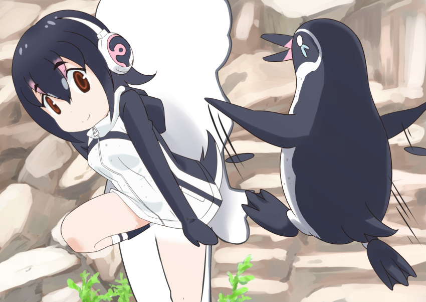 bird, black_hair, commentary_request, grape-kun, headphones, humboldt_penguin_(kemono_friends), kemono_friends, moroheiya_(user_harz4842)