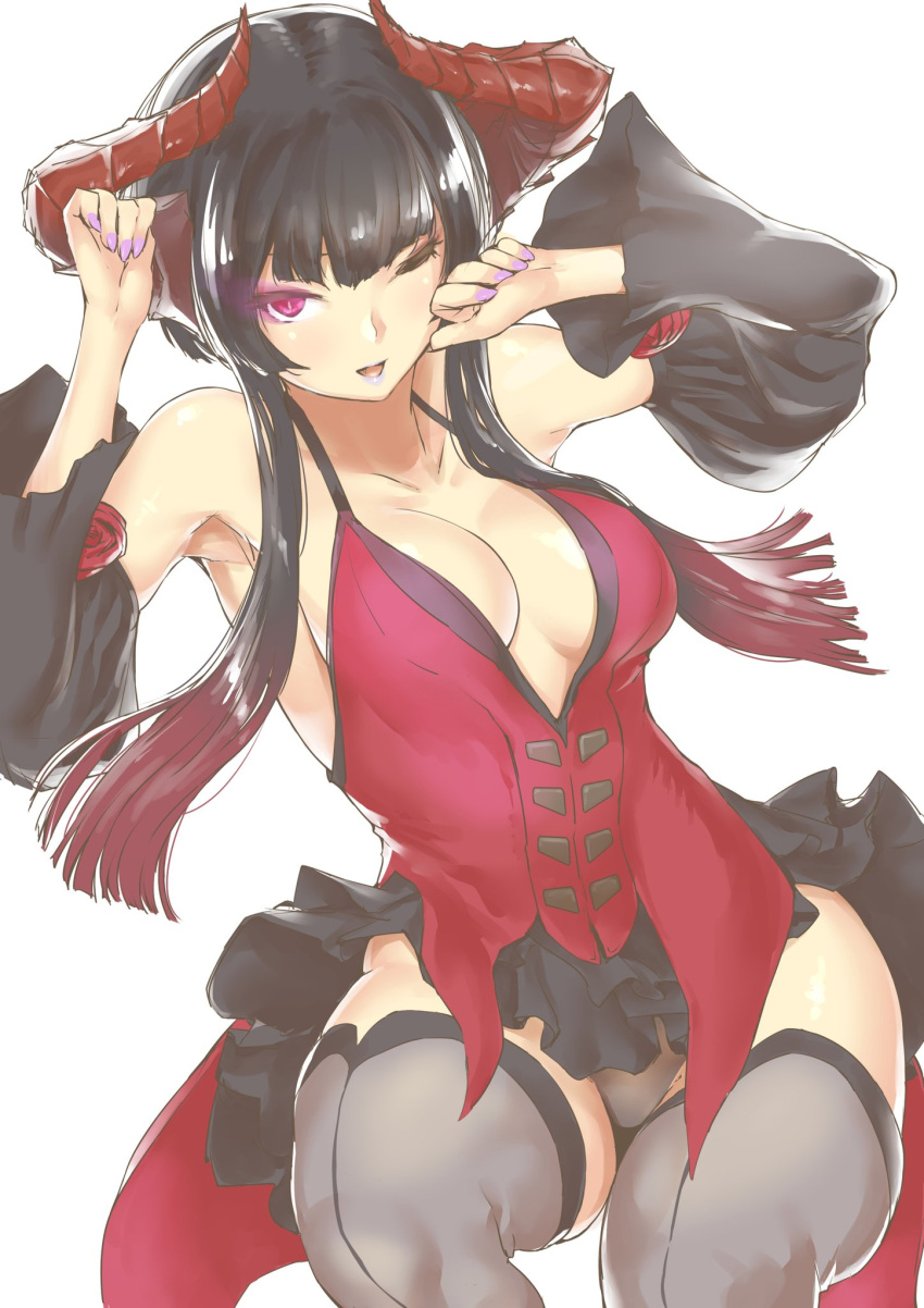 1girl, artist_request, black_hair, breasts, cleavage, demon_horns, detached_sleeves, dress