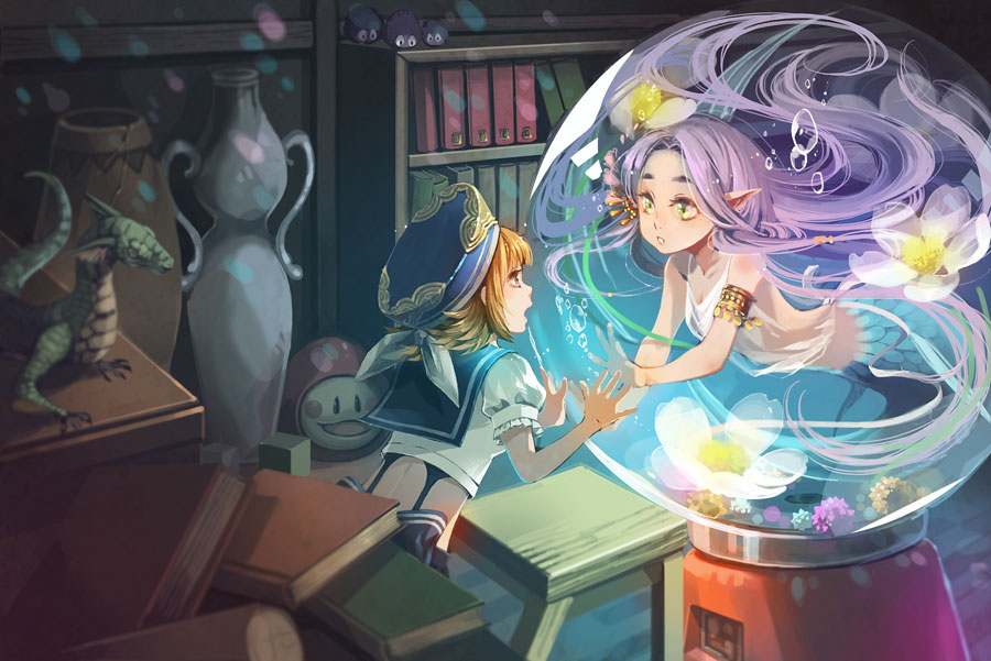 2girls, 43, blue_hat, book, bookshelf, brown_hair, fantasy, green_eyes