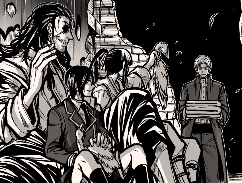 4boys, bird, brick_wall, chicken, drifters, greyscale, heshikiri_hasebe, highres