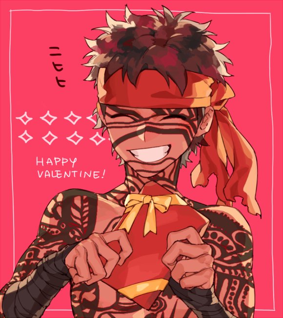 1boy, avenger, chocolate, closed_eyes, fate/hollow_ataraxia, fate_(series), full_body_tattoo, grin