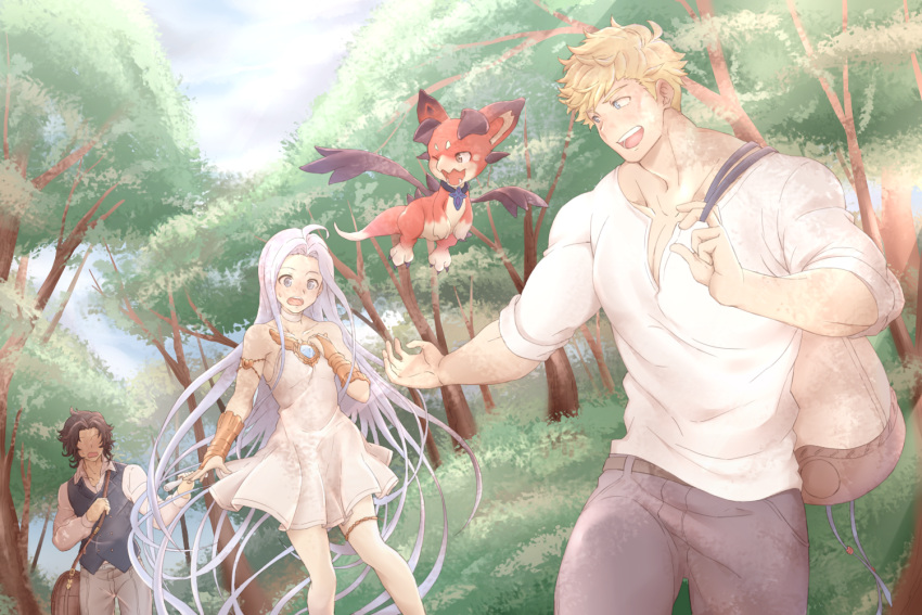 1girl, 2boys, ahoge, black_hair, blonde_hair, blue_eyes, blue_hair, carrying_over_shoulder, dragon, dress, faceless, faceless_male, flying, granblue_fantasy, green_eyes, hachikou_nameko, lancelot_(granblue_fantasy), long_hair, lyria_(granblue_fantasy), multiple_boys, one_eye_closed, outstretched_arm, pectorals, short_hair, tree, vane_(granblue_fantasy), vee_(granblue_fantasy), very_long_hair, walking, white_dress