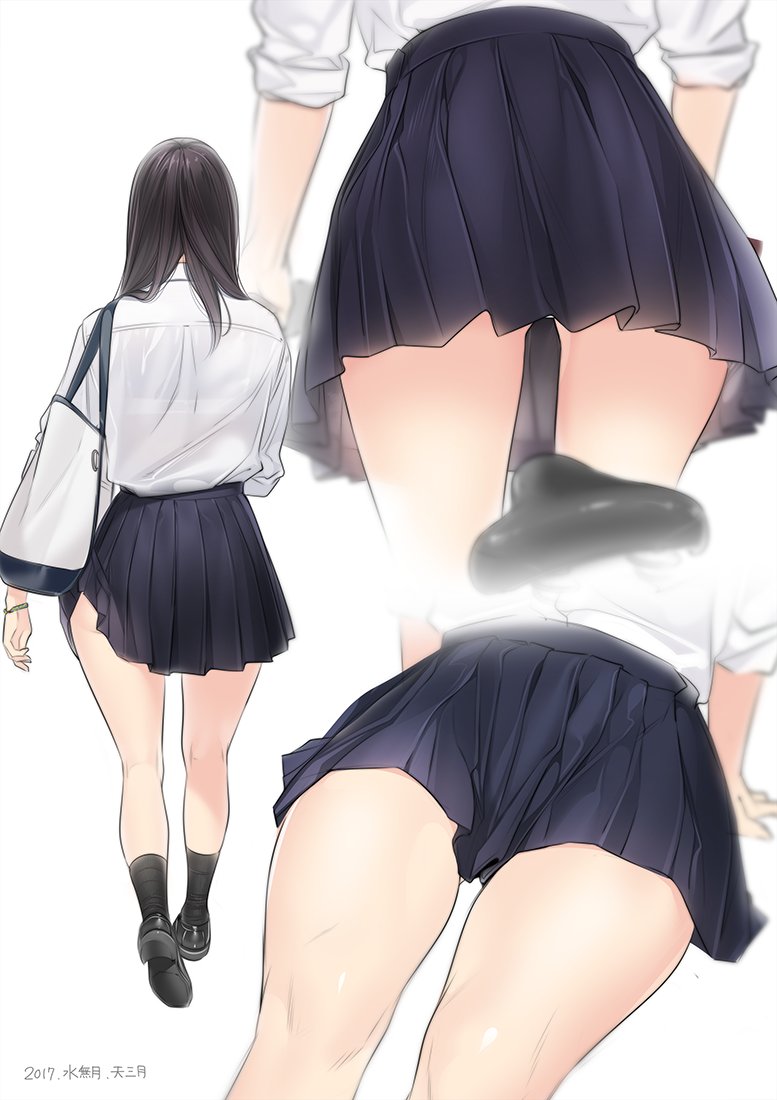 1girl, ama_mitsuki, artist_name, bag, bicycle, bicycle_seat, black_hair, blouse