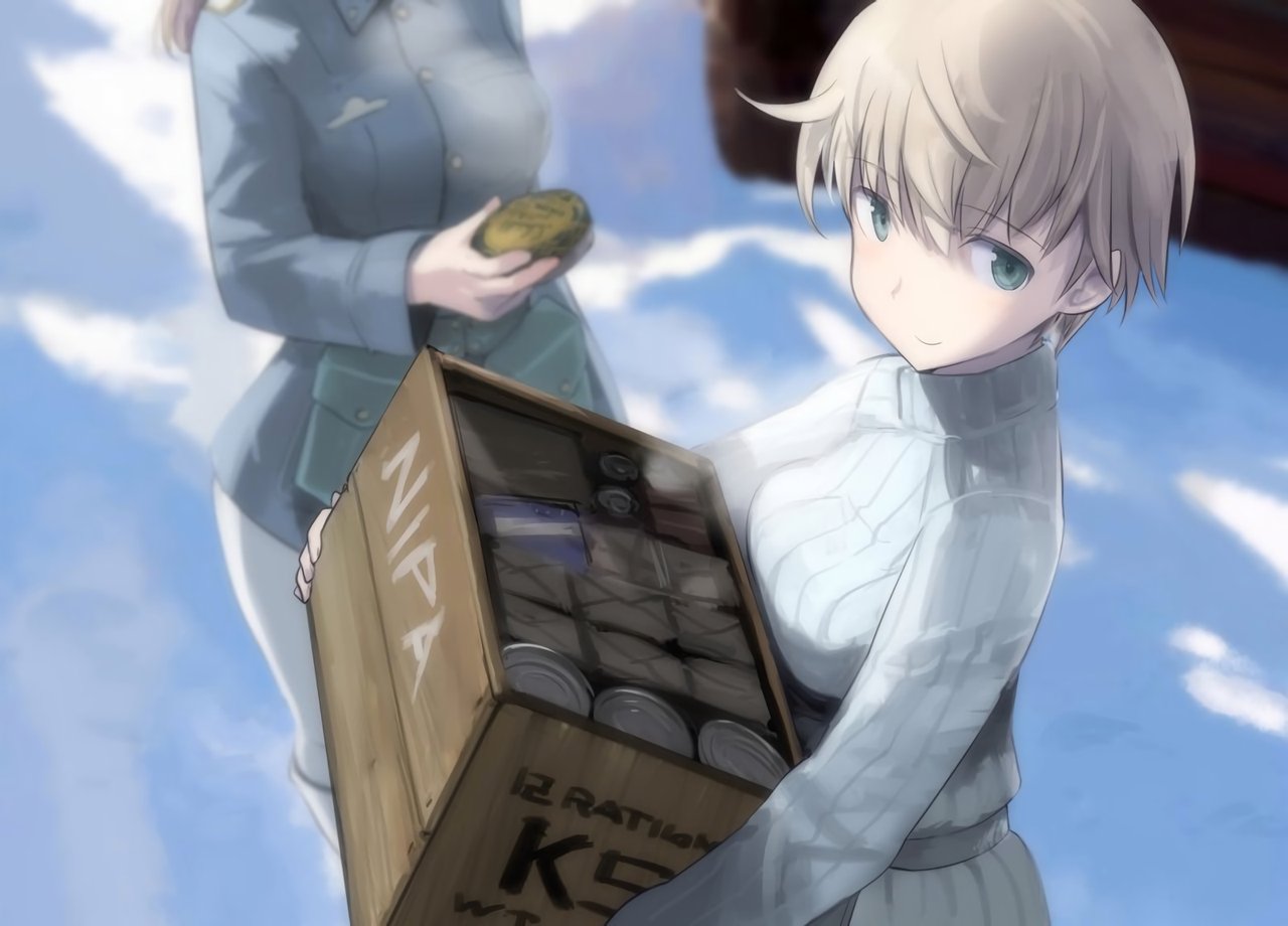 2girls, blonde_hair, crate, green_eyes, hanna_wind, military, military_uniform, multiple_girls