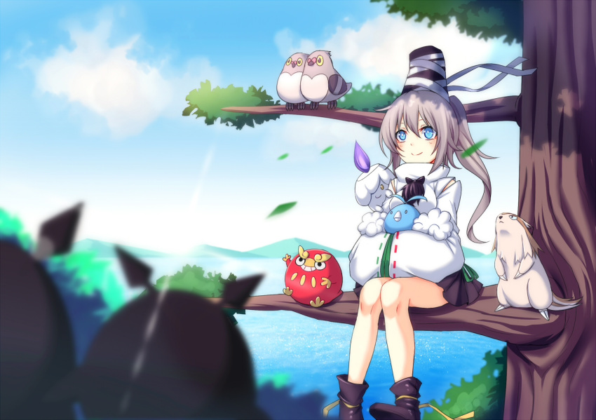 1girl, bangs, black_boots, black_skirt, blue_eyes, blush, boots, clouds