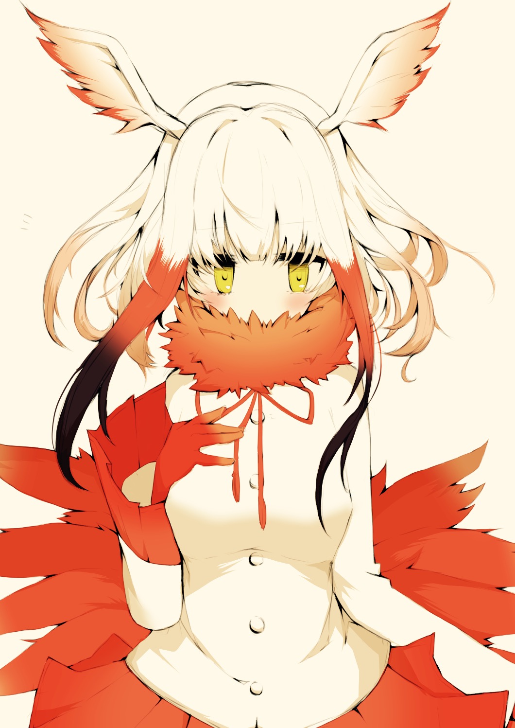 1girl, covered_mouth, fur_collar, gloves, head_wings, highres, homaru_sangou, japanese_crested_ibis_(kemono_friends)
