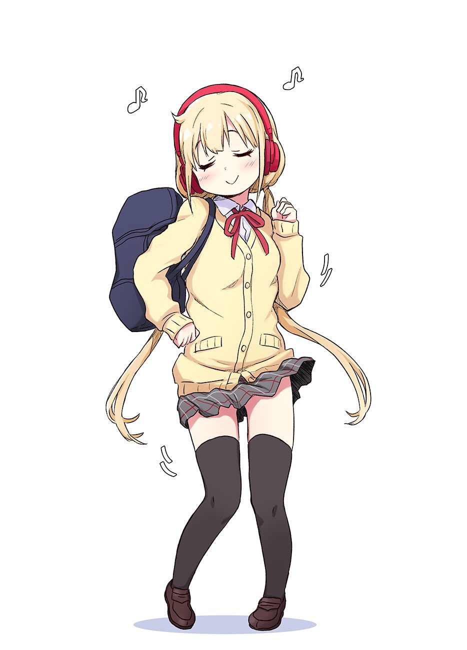 1girl, backpack, bag, black_legwear, black_skirt, blonde_hair, brown_shoes, buttons