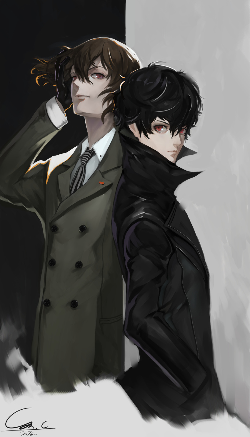 2boys, absurdres, akechi_gorou, black_hair, brown_eyes, brown_hair, gloves, highres, kurusu_akira, looking_at_viewer, male_focus, multiple_boys, necktie, persona, persona_5, red_eyes, short_hair, simple_background, xq