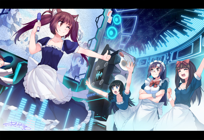 4girls, alternate_costume, animal_ears, apron, arm_up, black_hair, blue_eyes, blush