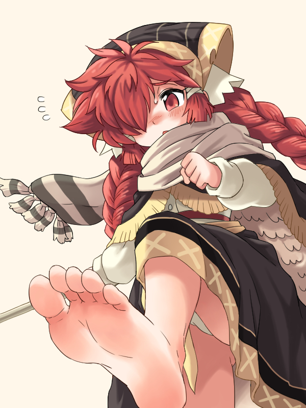 1girl, barefoot, blush, braid, cape, dress, feet, hair_ornament, hairclip, hat, leg_up, long_hair, long_sleeves, mikusa, oyatsu_(mk2), red_eyes, redhead, scarf, shawl, simple_background, skirt, soles, solo, standing, standing_on_one_leg, sweatdrop, toes, twin_braids, very_long_hair, wonderland_wars