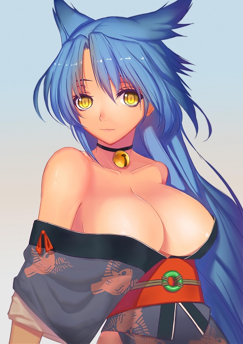 1girl, animal_ears, bell, bell_collar, blue_hair, blush, breasts, cleavage