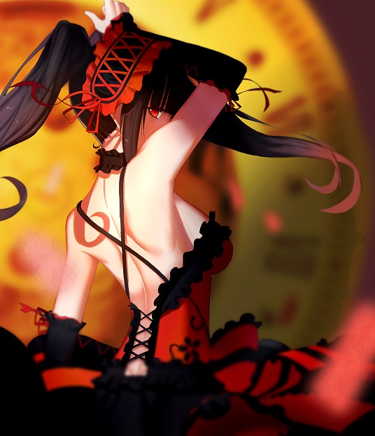 1girl, bare_shoulders, black_hair, breasts, date_a_live, dcoagt, detached_sleeves, dress, headdress, long_hair, looking_at_viewer, open-back_dress, red_eyes, sideboob, sleeveless, solo, tokisaki_kurumi, twintails, upper_body