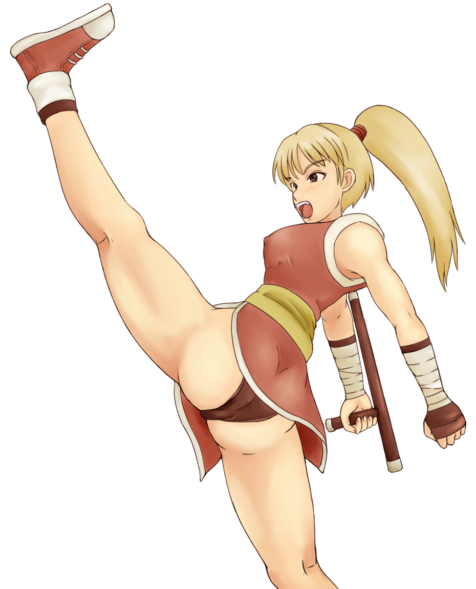 black_panties, blonde_hair, blush, brown_eyes, dress, fingerless_gloves, genryuusai_maki, gloves, high_kick, kick, kicking, maki, maki_(final_fight), panties, pantyshot, pantyshot_(standing), ponytail, rirakukan, shoes, sneakers, standing, street_fighter, tonfa, underwear, weapon